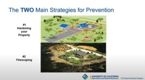 Two strategies for prevention: hardening property and firescaping.