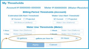 example of setting a leak alert for 10 gallons flowing continuously for 24 hours